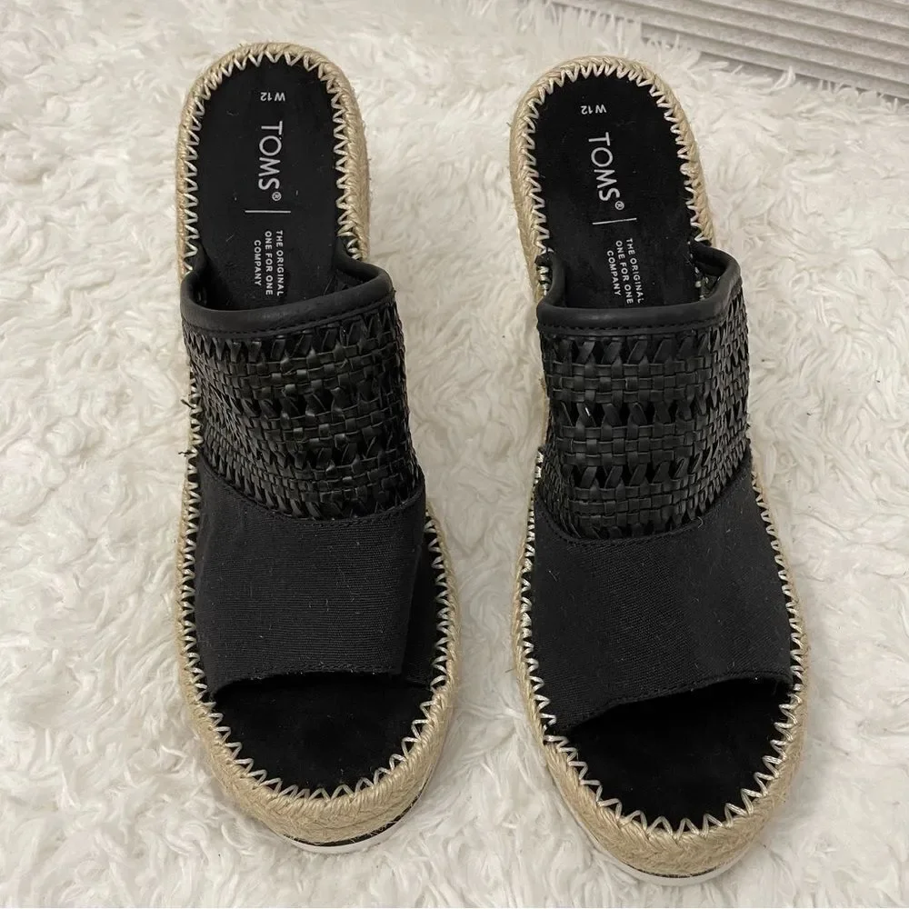 Toms Black Woven Espadrille Wedge Slides